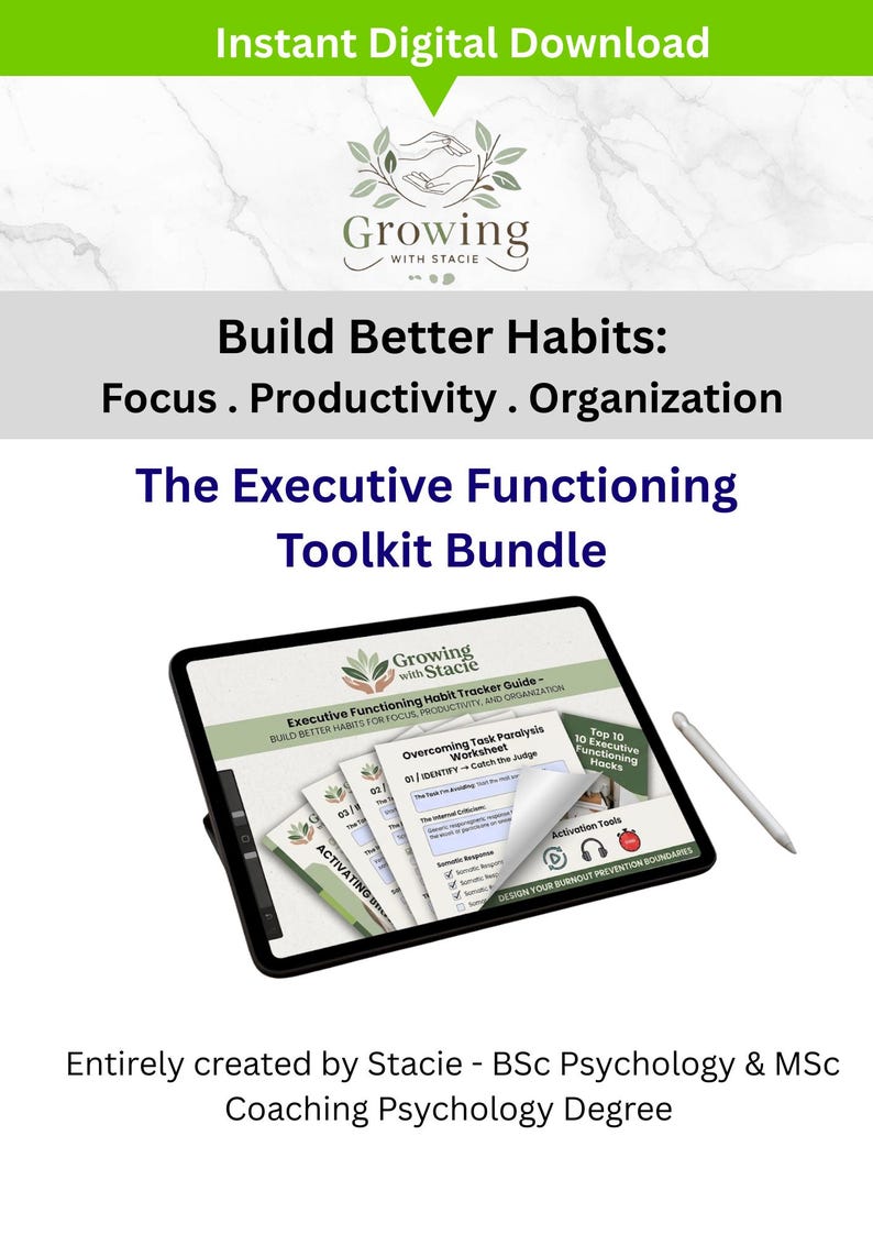 May include: A digital tablet displaying the Executive Functioning Toolkit Bundle by Growing with Stacie, featuring worksheets on habit tracking, task paralysis, and burnout prevention, accompanied by a white stylus on a white background.