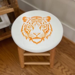 Handmade Wood Stool, Small Wooden Accent Table, Painted Round Stool, Unique Gift for Home, Handcrafted Side Table, Hand-painted Tiger Seat