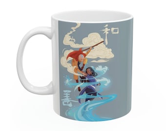 Avatar Aang i Katara Cute Art, Avatar 11.oz Kubek, Aang i Katara Rzucający Zaklęcia, Avatar Prezent