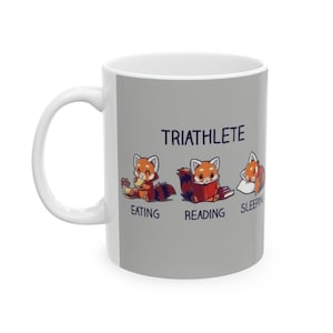 Triathlete Eating, Reading, Sleeping fox mug, 11oz. Mug, Cute Gift, ceramic fox mug, Book Lover Mug