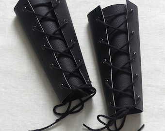 black vegan faux leather lace up arm bracers