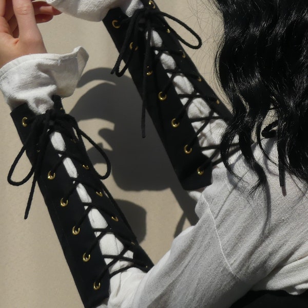 black cotton lace up arm bracers