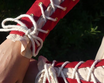 red cotton lace up arm bracers