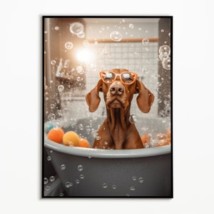 Vizsla with glasses having fun in the bathtub, bathroom pictures, bathroom decoration, Vizsla gift, funny dog picture, gift idea for dog owners