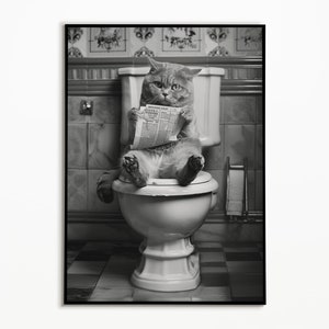 Scottish Fold cat on the toilet, bathroom pictures, cat posters, funny cat pictures, gift ideas for cat owners, wall art prints