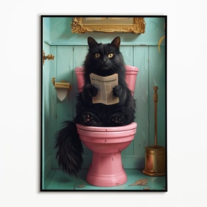Schwarze Katze sitzt auf einer rosa Toilette und liest Zeitung, Badezimmer Bilder, Geschenkideen Katzen, Digitaler Download, Wall Art Print