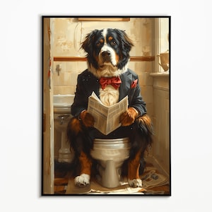 Bernese Mountain Dog sitting on the toilet with a suit, bathroom pictures, bathroom decoration, Bernese Mountain Dog gift, Funny Dog Picture