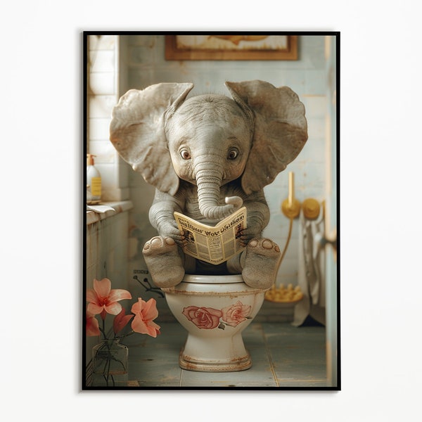 Baby Elephant on the Toilet, Bathroom Ideas Pictures, Funny Animal Art, Digital Download, Bathroom Gift Ideas, Wall Art Prints Poster