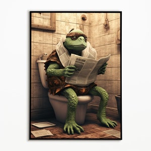 Ninja Turtle sitzt auf der Toilette und liest Zeitung, Badezimmer Bilder, Badezimmer Deko, Turtle Geschenk, Einrichtung Ideen für Zuhause