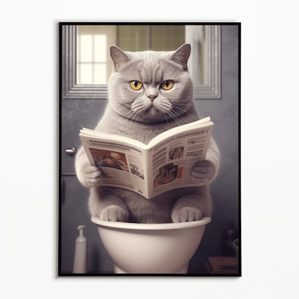 British Shorthair Cat Sitting on the Toilet and Reading Newspaper, Bathroom Pictures, Cat Gift, Funny Cat Picture, Cat Poster Bathroom
