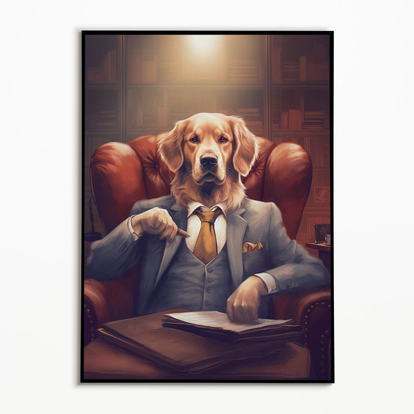 Golden Retriever in a suit in an armchair, funny dog picture, digital download, gift for dog owners, Funny Dog Picture, Golden Gitfs