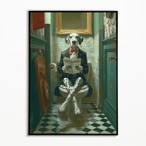 Dalmatiner auf der Toilette und liest Zeitung, Badezimmer Bilder, Wall Art Print, Dalmatiner Geschenkideen, Funny Dog Picture, Hund Toilette