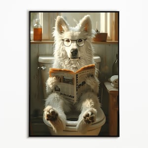 Weisser Schäferhund auf der Toilette und liest Zeitung, Badezimmer Bilder, Badezimmer Deko, Schäferhund Geschenk, Funny Dog Picture