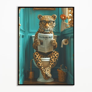 Leopard Poster, Safari Tiere lustig, Badezimmer Ideen Bilder ,Funny Animal, Digitaler Download, Geschenkideen Bad, Wall Art Prints Poster