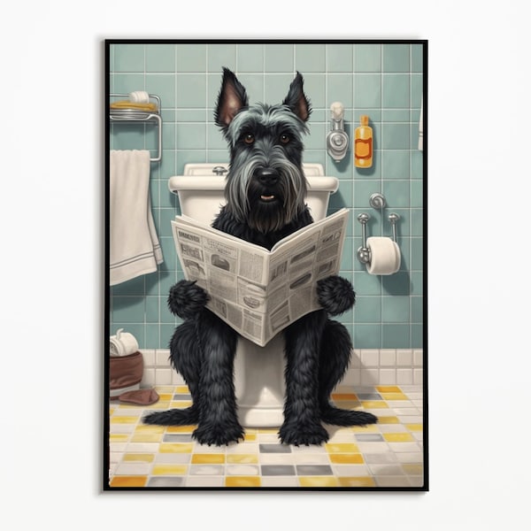 Schnauzer géant sur les toilettes et lisant le journal, images d'idées de salle de bain, photo de chien drôle, idées de design d'intérieur, affiche de salle de bain, décoration murale