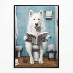 Weisser Schäferhund auf der Toilette und liest Zeitung, Badezimmer Bilder, Badezimmer Deko, Schäferhund Geschenk, Funny Dog Picture