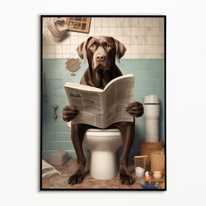 Labrador sitzt auf der Toilette und liest Zeitung, Digitaler Download, Badezimmer Deko, Labrador Geschenk, Funny Dog Picture, Wall Art Print
