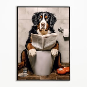 Bouvier bernois assis sur les toilettes, image de salle de bain, décoration de salle de bain, idées cadeaux de bouvier bernois, image de chien drôle, art mural