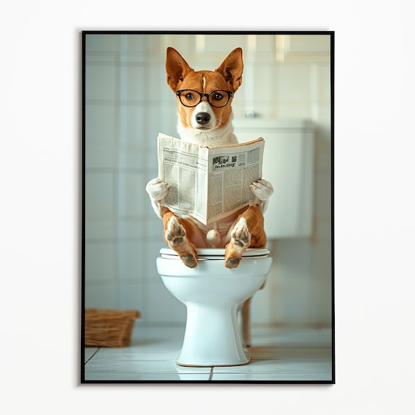 Basenji sur les toilettes, Photos de salle de bains, Téléchargement numérique, Cadeau de chien Basenji, Image de chien drôle, Affiche de salle de bains intérieure