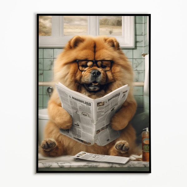 Chow Chow on the toilet and reading newspaper, bathroom pictures, bathroom decoration, Chow Chow gift, Funny Dog Picture, dog picture