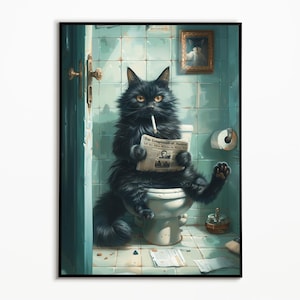 Black cat sitting on the toilet and reading newspaper, bathroom pictures, cat gift, funny cat picture, cat poster bathroom, wall art