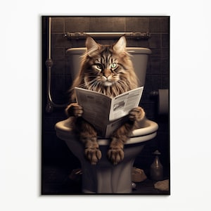 Maine Coon cat sitting on the toilet, bathroom pictures, cat gift, funny cat picture, cat poster bathroom, digital download