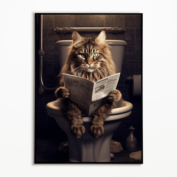 Maine Coon kat zittend op het toilet, badkamerfoto's, kattencadeau, grappige kattenfoto, kattenposter badkamer, digitale download