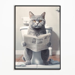 British Shorthair on the toilet, bathroom pictures, gift ideas cats, funny cat picture, cat poster bathroom, wall art prints