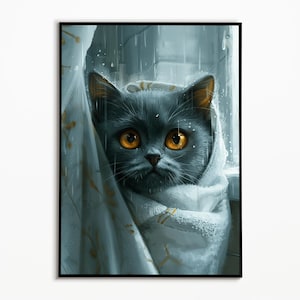 British Shorthair cat in the shower, bathroom pictures, cat gift ideas, funny cat picture, cat poster bathroom, wall art print