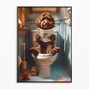 Cockapoo on the toilet and reading newspaper, bathroom ideas pictures, funny dog picture, furnishing ideas bathroom poster, wall decoration picture