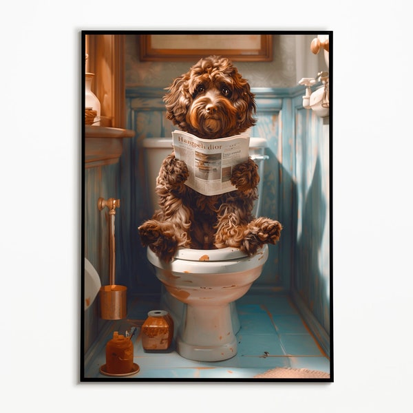 Cockapoo on the toilet and reading the newspaper, bathroom ideas pictures, funny dog picture, furnishing ideas bathroom poster, wall decoration picture