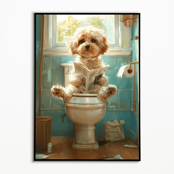 Maltipoo on the toilet and reading the newspaper, bathroom picture, digital download, Maltipoo gift, funny picture, bathroom furnishing ideas