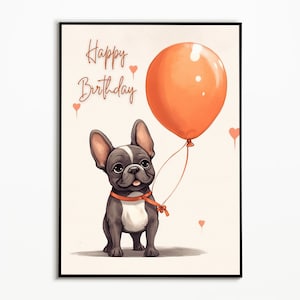 Cartão de aniversário Bulldog Francês com balão, feliz aniversário, cartão de parabéns, cartão imprimível, download digital, presente de aniversário infantil