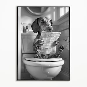 Dackel auf der Toilette und liest Zeitung, Badezimmer Bilder, Digitaler Download, Dackel Geschenk, Funny Dog Picture, Wall Art Prints Dog