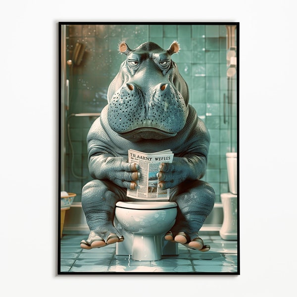 Hippo on the toilet, bathroom ideas pictures, funny animal, digital download, gift ideas bathroom, wall art prints poster