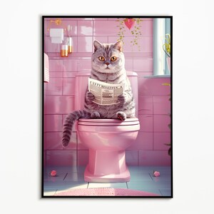 British Shorthair sitting on a pink toilet, bathroom pictures, gift ideas for cat owners, digital download, wall art print