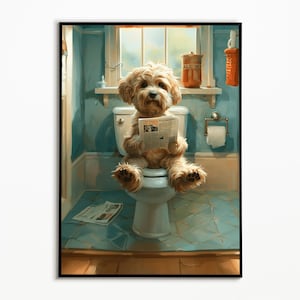 Cavachon on the toilet and reading newspaper, Bathroom Ideas Pictures, Funny Dog Picture, Bathroom Decorating Ideas Poster, Wall Art Print