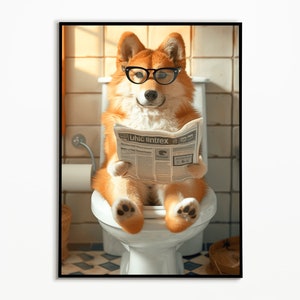 Akita on the toilet and reading the newspaper, bathroom pictures, wall decoration, Akito gift, funny dog picture, bathroom furnishing ideas