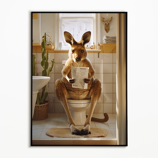 Kangaroo sitting on the toilet, bathroom pictures, digital download, bathroom decoration, kangaroo gift idea, funny bad picture, wall art print