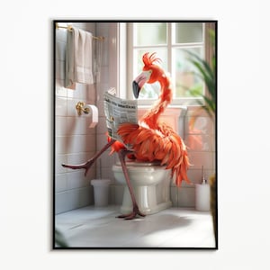 Flamingo on the toilet and reading newspaper, Bathroom Pictures, Digital Download, Gift Idea Picture, Funny Animal Picture, Wall Art Prints