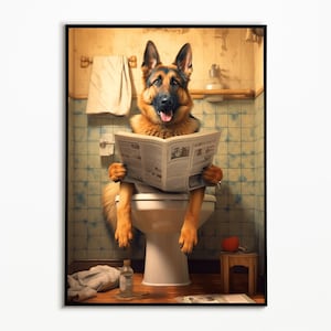 German Shepherd on the toilet and reading newspaper, bathroom pictures, bathroom decoration, German Shepherd gift, Funny Dog Picture