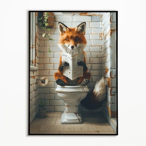 Fox sitting on the toilet, bathroom pictures, digital download, bathroom decoration, fox gift idea, funny bad picture, wall art prints