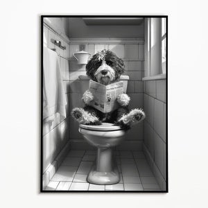 Bernedoodle on toilet, bathroom picture, digital download, Bernedoodle gift, funny dog picture, bathroom decor, wall art