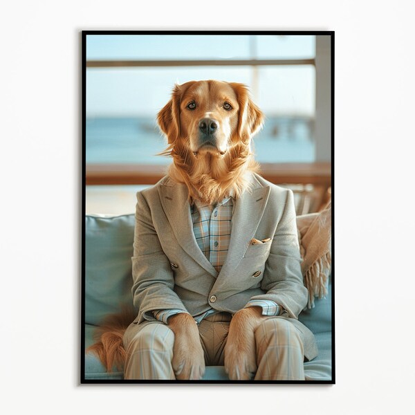 Golden Retriever in a suit in an armchair, gift ideas for dog owners, digital download, wall art prints, funny dog picture, dog poster