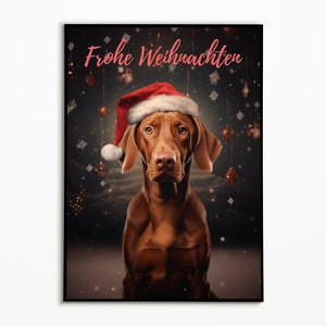 Vizsla Natale con cappello, Buon Natale, immagine divertente del cane, cartolina di Natale cane, regalo per i proprietari di cani, in tedesco e inglese