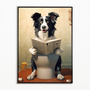 Border Collie on the toilet and reading the newspaper, bathroom picture, bathroom decoration, collie gift, funny picture, bathroom furnishing ideas