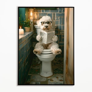 Cavachon on the toilet and reading newspaper, Bathroom Ideas Pictures, Funny Dog Picture, Bathroom Decor Ideas Poster, Wall Art Print