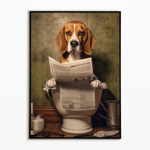 Beagle s'assoit sur les toilettes et lit le journal, photos de salle de bain, décoration de salle de bain, cadeau beagle, photo de chien drôle, photo de chien