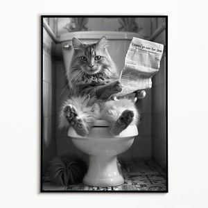 Cat sitting on the toilet and reading newspaper, bathroom pictures, black and white picture, cat gift, funny cat picture, interior design ideas
