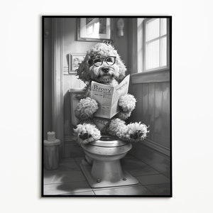 Goldendoodle op toilet, badkamerfoto, digitale download, Goldendoodle cadeau, zwart-witte hondenfoto, badkamerinterieurontwerpideeën